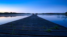 Nieuwe paden, avondsfeer aan het meer. Lichte mist op de achtergrond