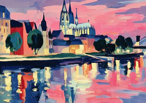 De Dom van Keulen in de avondrood boven de Rijn