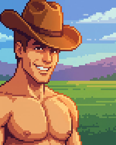 Pixel-Art-Porträt eines Cowboys in der offenen Landschaft