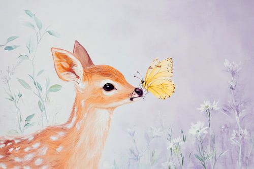 Reh und Schmetterling im Frühling
