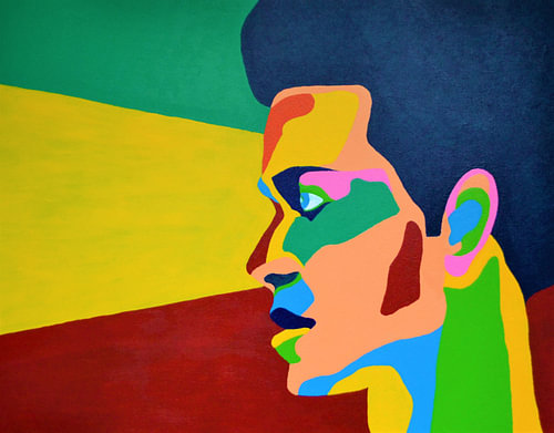  Où êtes-vous ? Peinture vert , fond rouge jaune.