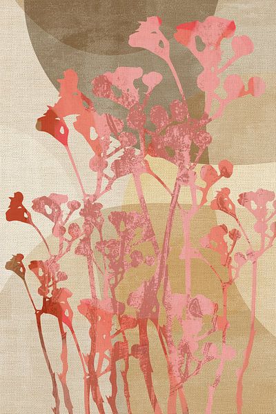 Flowers in pastel pink and orange on  beige linen by Dina Dankers
