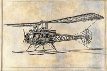 Gedetailleerde technische tekening, schets van één van de eerste helikopters van Peter Pen tekeningen en schilderijen