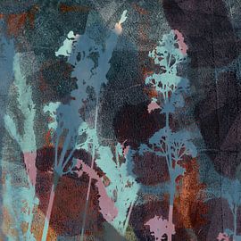 Abstract botanical art in retro style and pastel colors. Plants in blue, rusty brown and pink by Dina Dankers