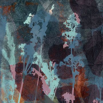 Abstracte botanische kunst in retrostijl en pastelkleuren. Planten in blauw, roestbruin en roze van Dina Dankers