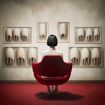 Vrouw in rode stoel kijkt naar kunst van Laila Bakker