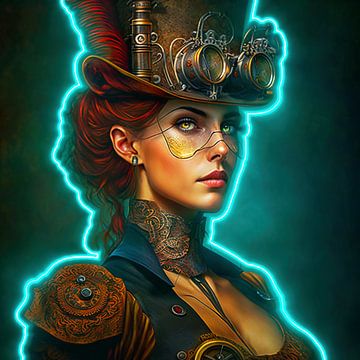 Steampunk dame met rood haar van Digital Art Nederland