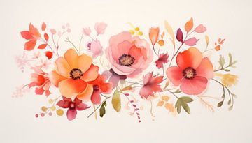 Aquarel bloemen panorama oranje-roze van TheXclusive Art