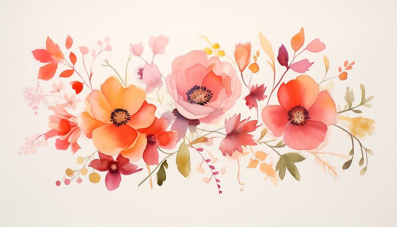 Aquarel bloemen panorama oranje-roze van TheXclusive Art