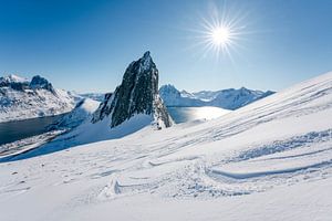 Blick auf Hester und die Fjorde bei Senja