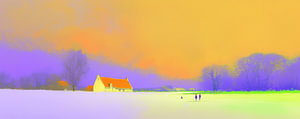 Gelber Bauernhof unter orangefarbenem Himmel