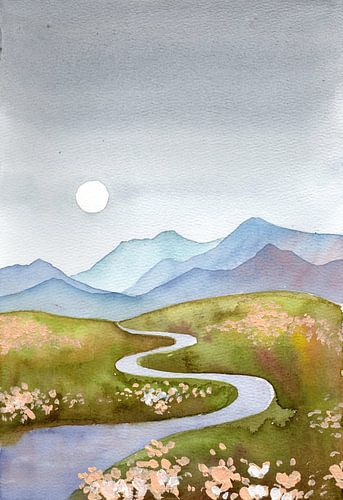 Blue Gray Hills Mountain Landscape With River and Moon by Ekaterina Prisich