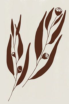 Moderne botanische kunst. Eucalyptus takje in bruin op wit van Dina Dankers
