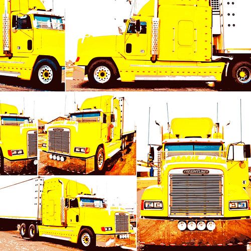 ein gelber Freightliner truck mixed media