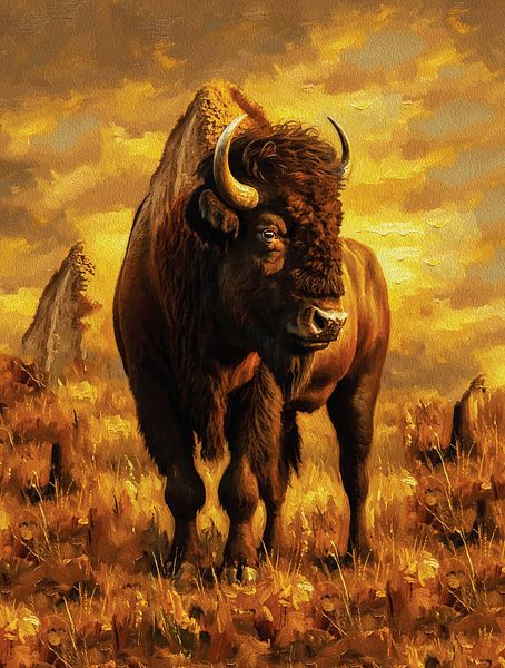 Majestic Bison – Golden Prairie Oil Painting by Ramy Salah Hefny
