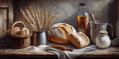 Stilleven met brood, tarwe en bakingrediënten