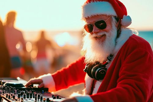 Kerstman als DJ op het strand