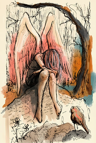 A sad angel on a rock