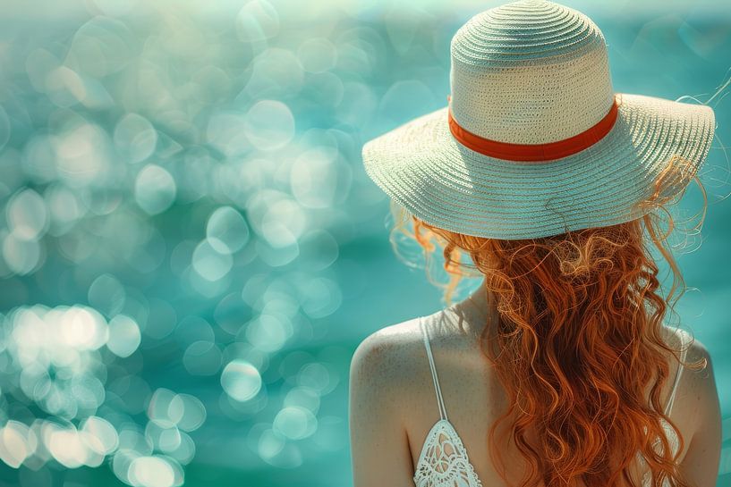 une femme avec un chapeau regarde la mer par Egon Zitter