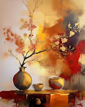 Japandi Stilleven schilderij. Bloesemtak op gouden vaas van Studio Pieternel