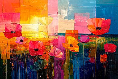 Champ de fleurs moderne et estival avec des coquelicots abstraits