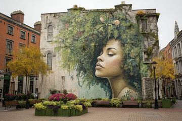 Urban Poetry mural – vrouw met groen natuurhaar van BowiScapes abstract en digitale kunst