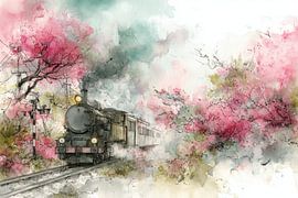 Dampfzug zwischen Blüten - verträumtes Gemälde von Peter Pen Zeichnungen und Gemälde