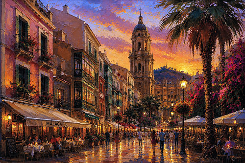 Gemälde „Málaga am Abend“ – Eine wunderschöne Stadt in Spanien.