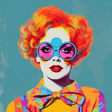Vrouwenportret grote roze bril oranje haar kleurrijke kleding van gm_designs