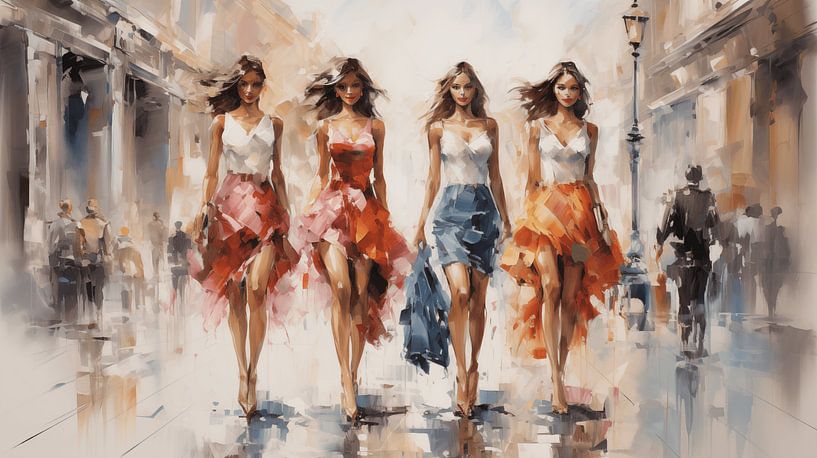 Tableau abstrait de quatre femmes faisant du shopping en ville, aquarelle-acrylique design d'art par Animaflora PicsStock