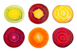 hexaptych of vegetables carrot beet root and leek by Krijn Westerburgen