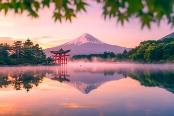 Fujisan bij zonsopgang - Betoverende weerspiegeling van Poster Art Shop