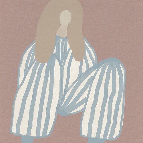 Strepen. Vrouw in retrostijl. Oudroze, beige en blauw.