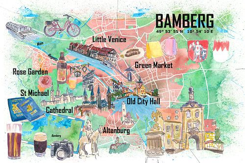Bamberg Franconia Illustrated Travel Map with Streets and Highlights"