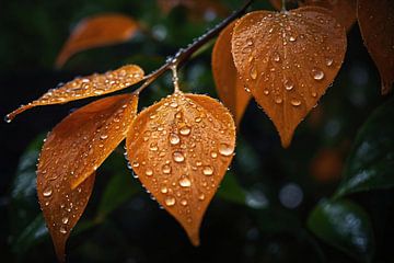 Tautropfen auf orangefarbenen Sommerblättern von De Muurdecoratie