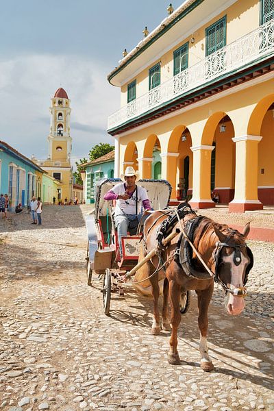 Cubaanse koetsier met vriendelijke lach in Trinidad van Wouter van der Ent