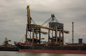 Grote bulkcarrier en grote hijskranen in de haven van scheepskijkerhavenfotografie