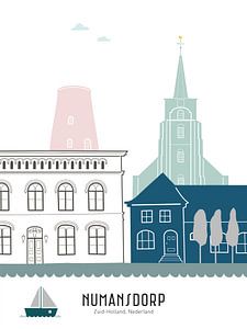 Skyline illustratie stad Numansdorp in kleur van Mevrouw Emmer