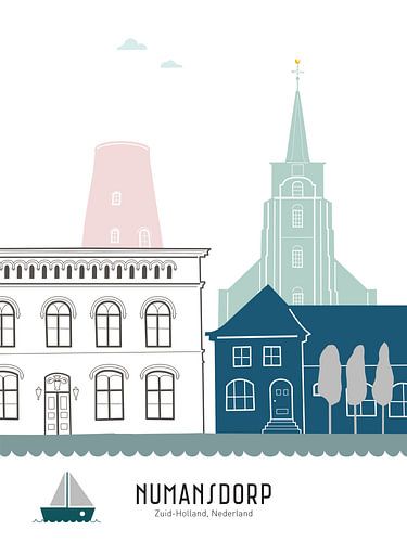 Skyline illustratie stad Numansdorp in kleur