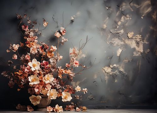 oude vaas met groot bloemstuk tegen gestucte muur