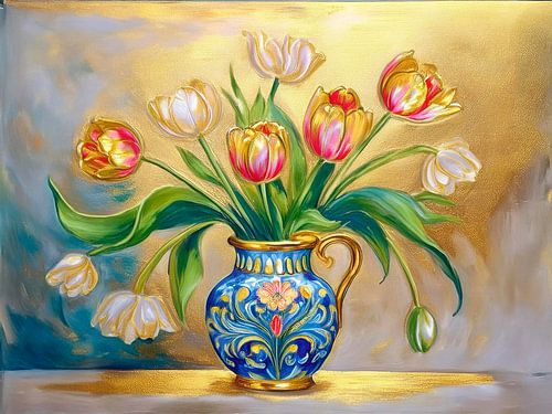Klassiek lente stilleven. Tulpenboeket in oud Hollandse vaas.