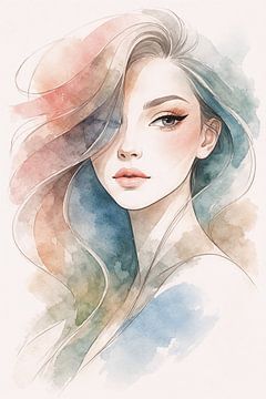Portrait de femme à l'aquarelle aux tons pastel – Œuvre d'art abstraite élégante et féminine