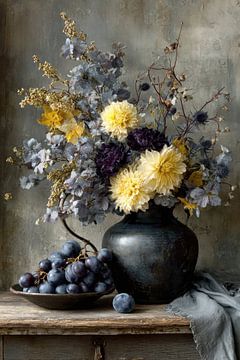 Dunkles Blumenstillleben mit Keramik - Romantische und luxuriöse Malerei von Joriali Fine Art