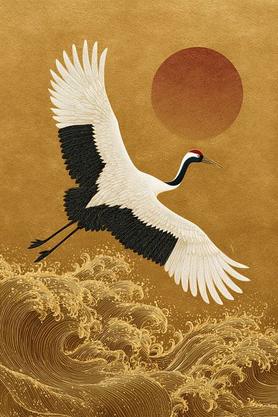Japan crane painting with sun by Egon Zitter