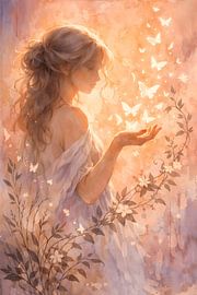 Illustration florale à l'aquarelle représentant une femme éthérée et des papillons sur Faheem Beigh