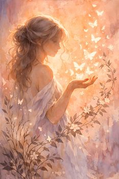 Ethereal Woman and Butterflies Watercolor Floral Illustration