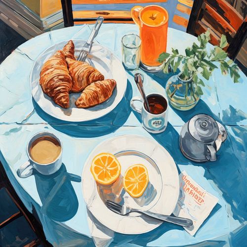 Blauwe ontbijttafel croissant