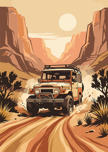Vintage Land Cruiser driving dusty canyon road under bright sun