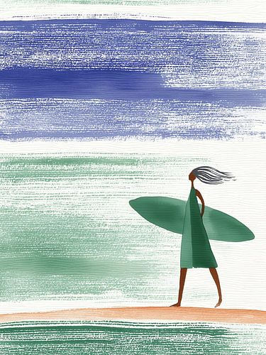 Vrouw met surfboard langs de kust