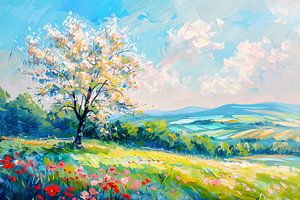 Blühender Baum in bunter Frühlingslandschaft